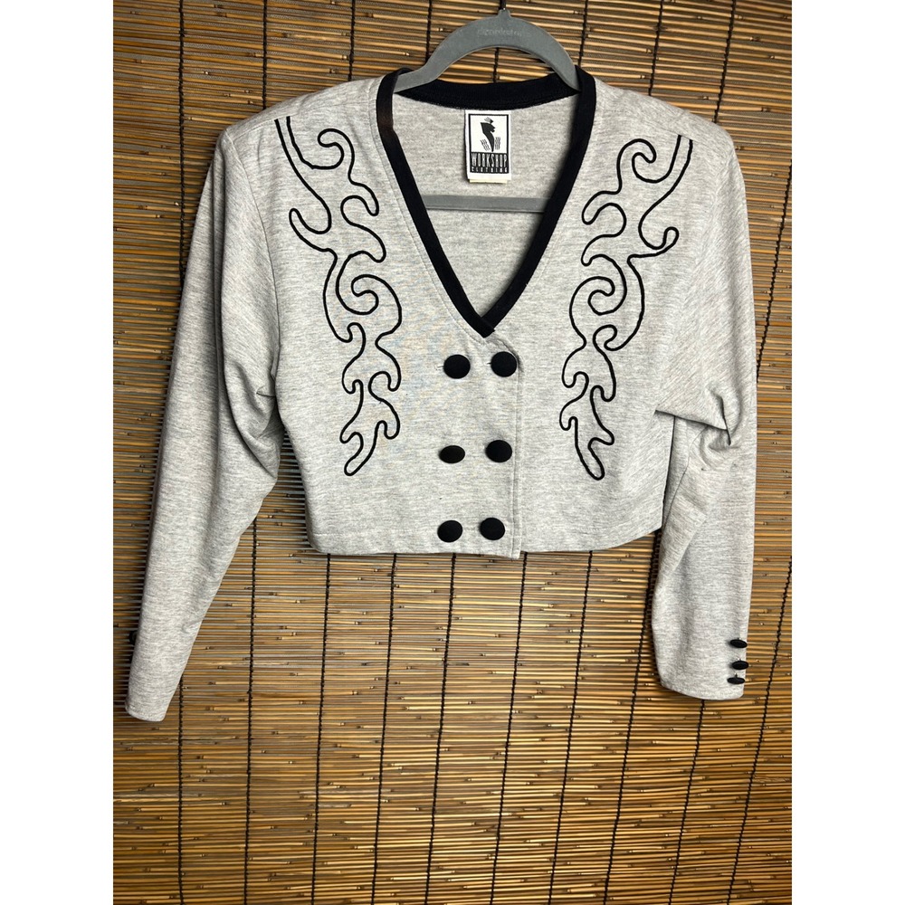Vintage Workshop Clothing Gray Cropped Jacket Embroidered Cotton 90s USA Small